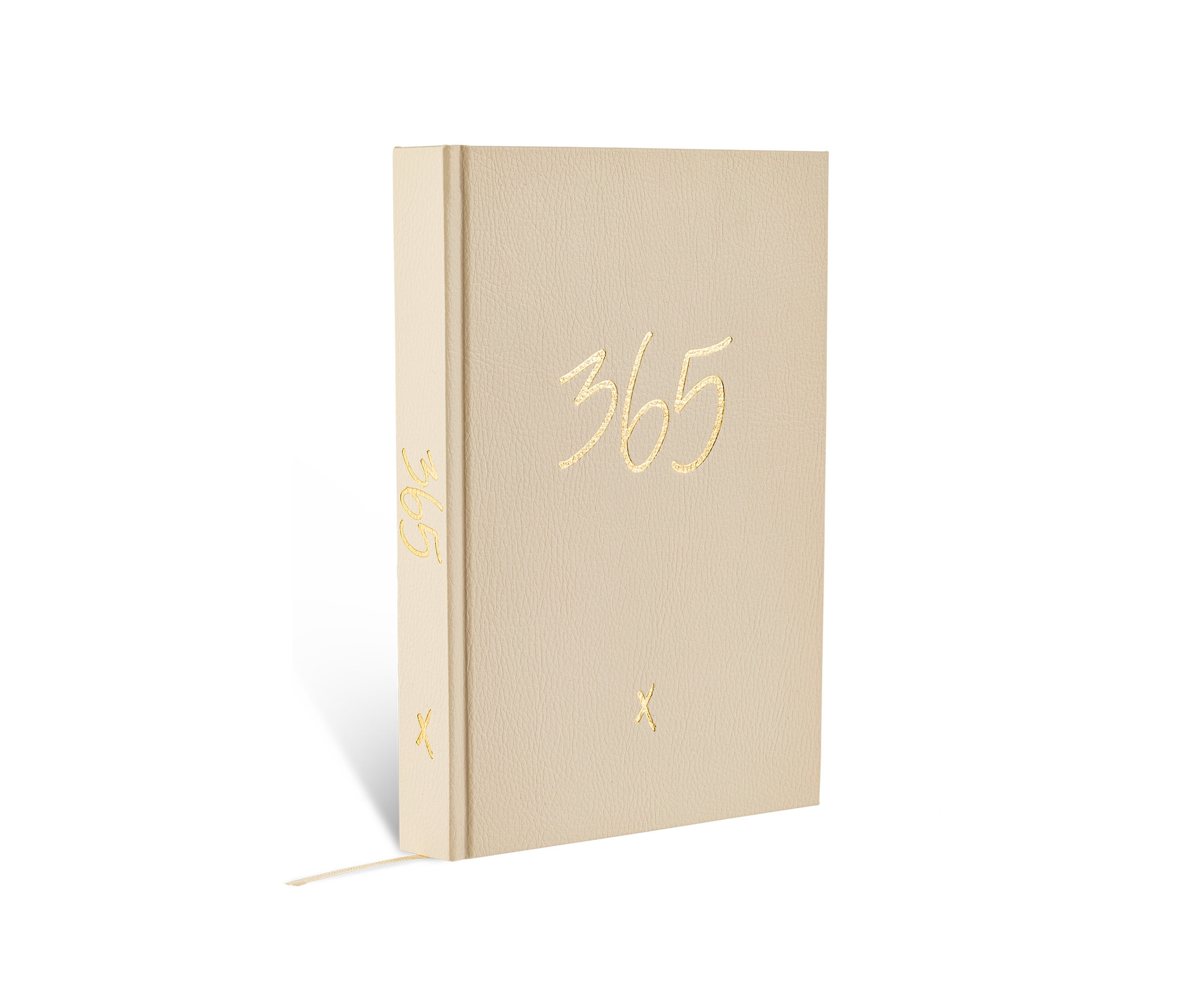 Ein elfenbeinfarbenes Notizbuch »365« steht auf einem weißen Untergrund.