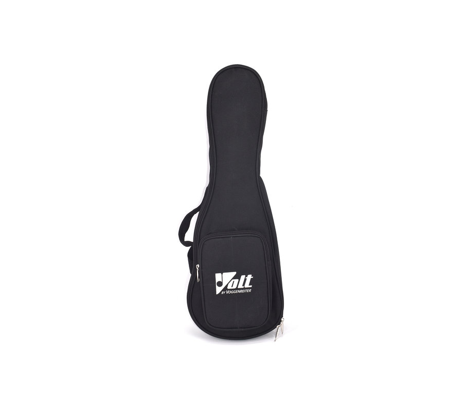 Schwarze Tasche für Voggenreiter Sopran-Ukulele-Set »Zebrano« vor weißem Hintergrund.