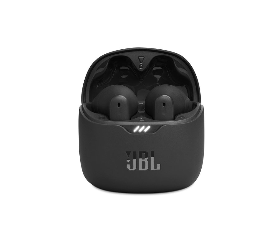 Detailaufnahme der schwarzen JBL »TUNE FLEX« In-Ear TWS Kopfhörer in geöffnetem Ladecase.