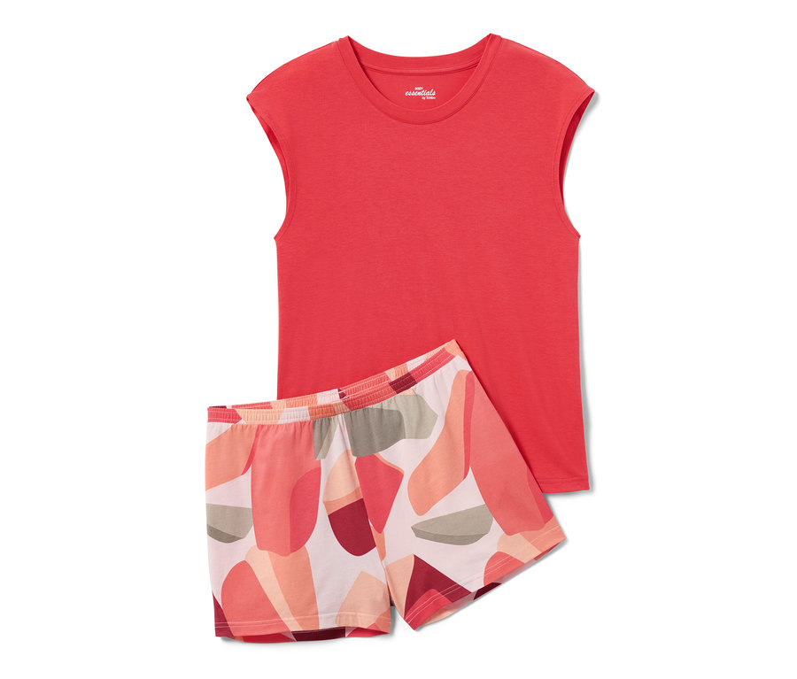 Ein Shorty-Pyjama bestehend aus einem korallenroten, ärmellosen Oberteil und Shorts mit abstraktem Muster.