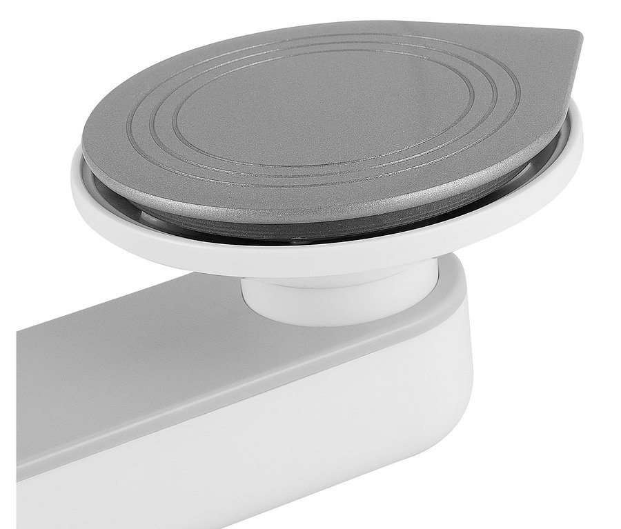 Detailaufnahme eines Akku-Bügeleisens in Grau und Weiß.