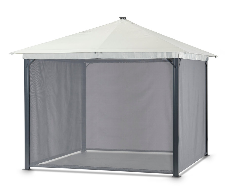 Grauer Leco Solarpavillon, ca. 300 x 300 cm, mit Moskitonetz.