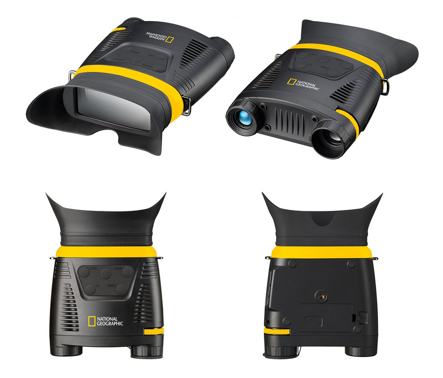 Vier Ansichten des digitalen NATIONAL GEOGRAPHIC Nachtsichtgeräts 3,5x mit Aufnahmefunktion.
