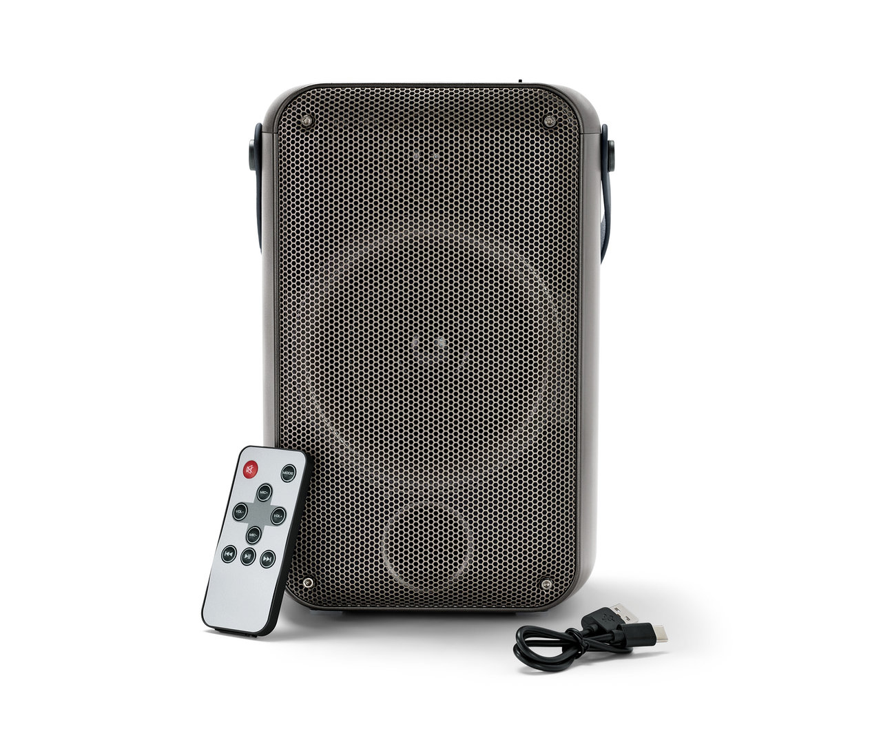 Ein schwarzer Bluetooth® Party-Lautsprecher mit Lichteffekten, eine Fernbedienung und ein Ladekabel liegen auf einem weißen Hintergrund.