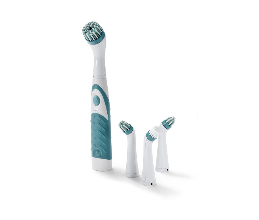 Elektrische Reinigungsbürste mit mehreren Aufsätzen.