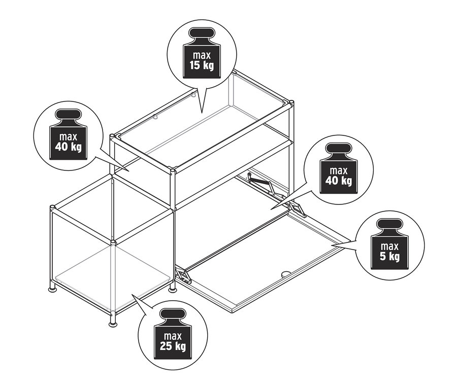 Eine Skizze von einem Barwagen Metall »CN3« mit Schublade mit Gewichtsbeschränkungen.