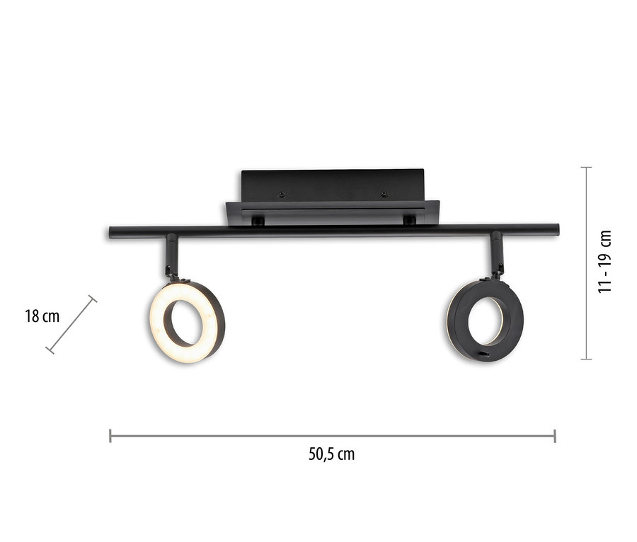Schwarze Paul Neuhaus LED-Deckenleuchte »Sileda«, klein mit runden Leuchten und Maßangaben.