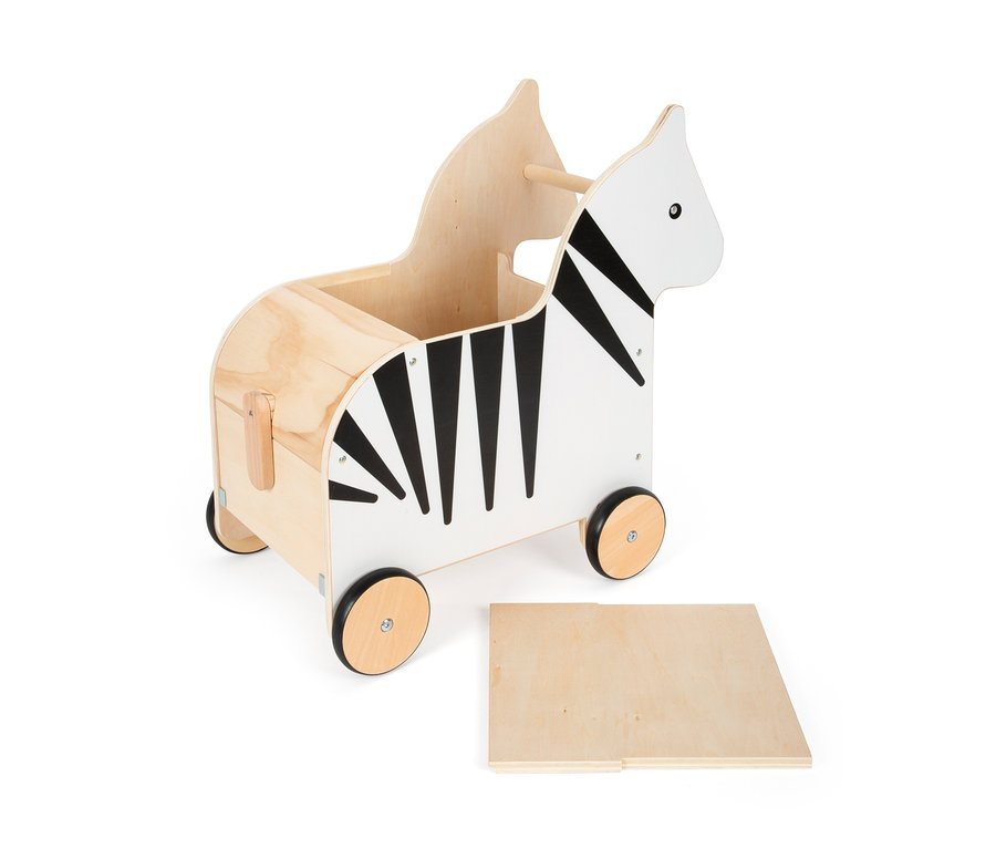 Eine small foot Spielzeugkiste Zebra »Wildlife« aus Holz mit Rädern und abnehmbarem Deckel.