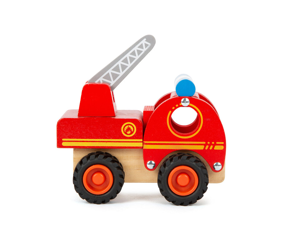 Rotes hölzernes Feuerwehrauto aus dem small foot Fahrzeuge-Set mit Leiter.
