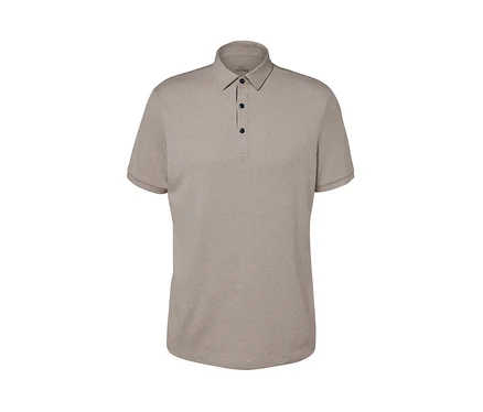 Beiges Funktions-Poloshirt mit kurzen Ärmeln.