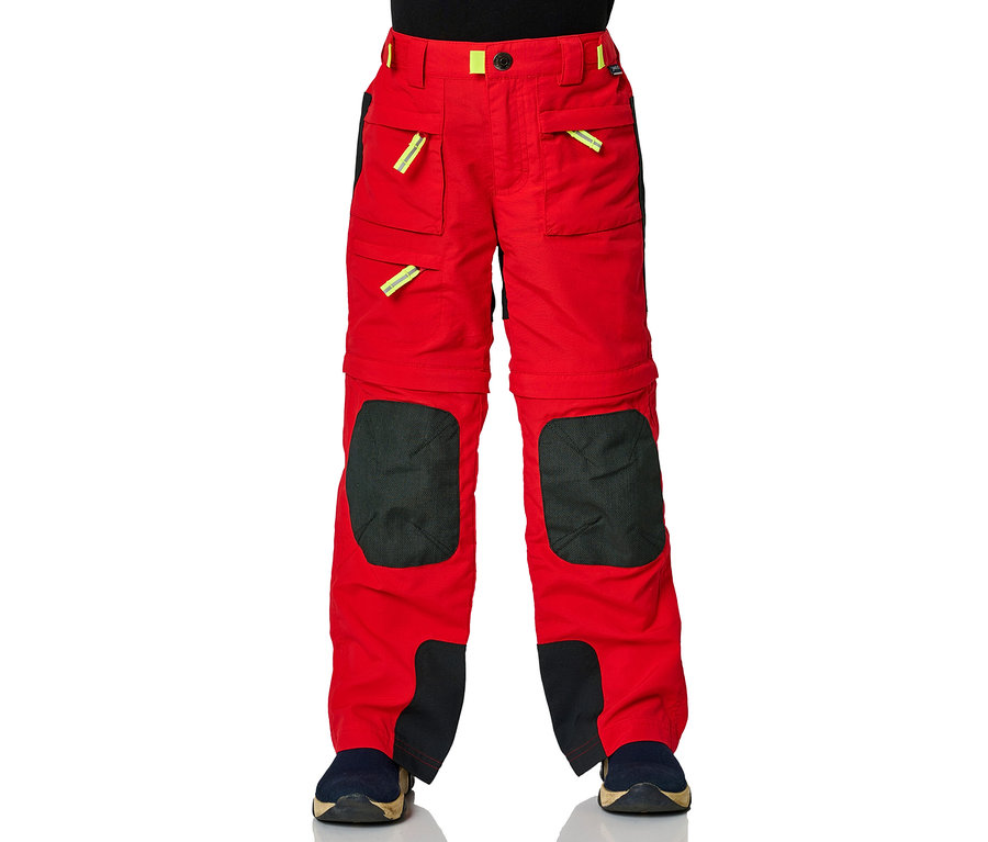 Rote Zipp-off-Hose mit dunkelgrauen Knieflicken. Jako-O Zipp off Hose, rot