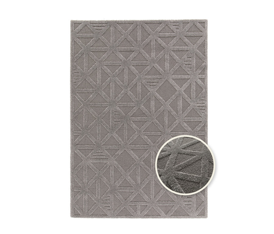 Detailansicht eines grauen Teppichs »Cosmo« Geo mit geometrischem Muster.