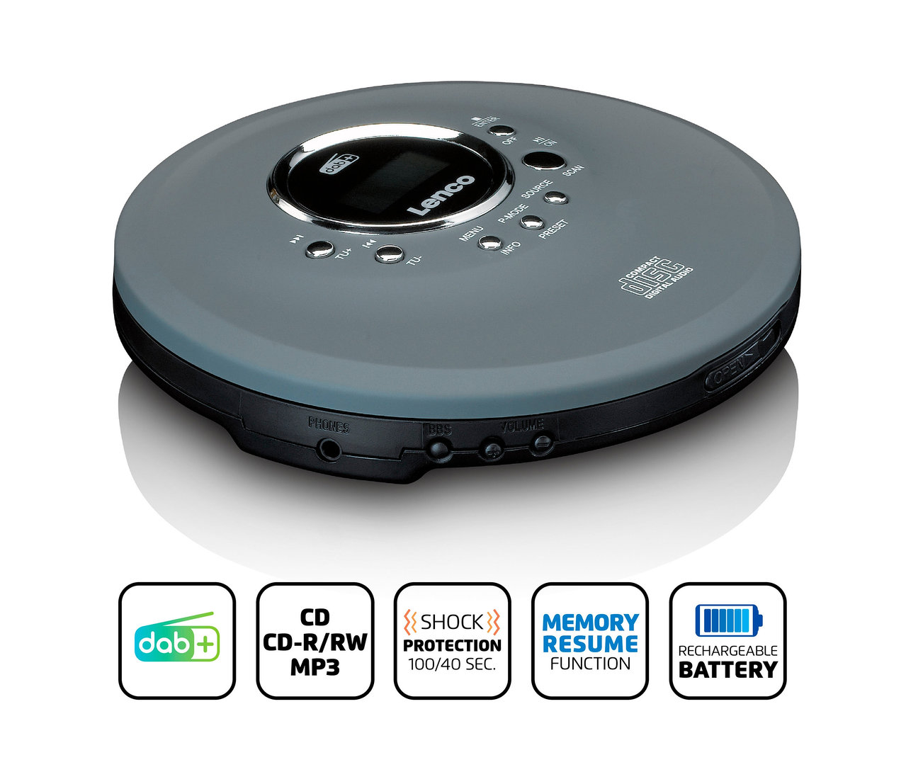 Grauer tragbarer CD-/MP3-Player mit DAB+/FM-Radio von Lenco auf weißem Hintergrund.
