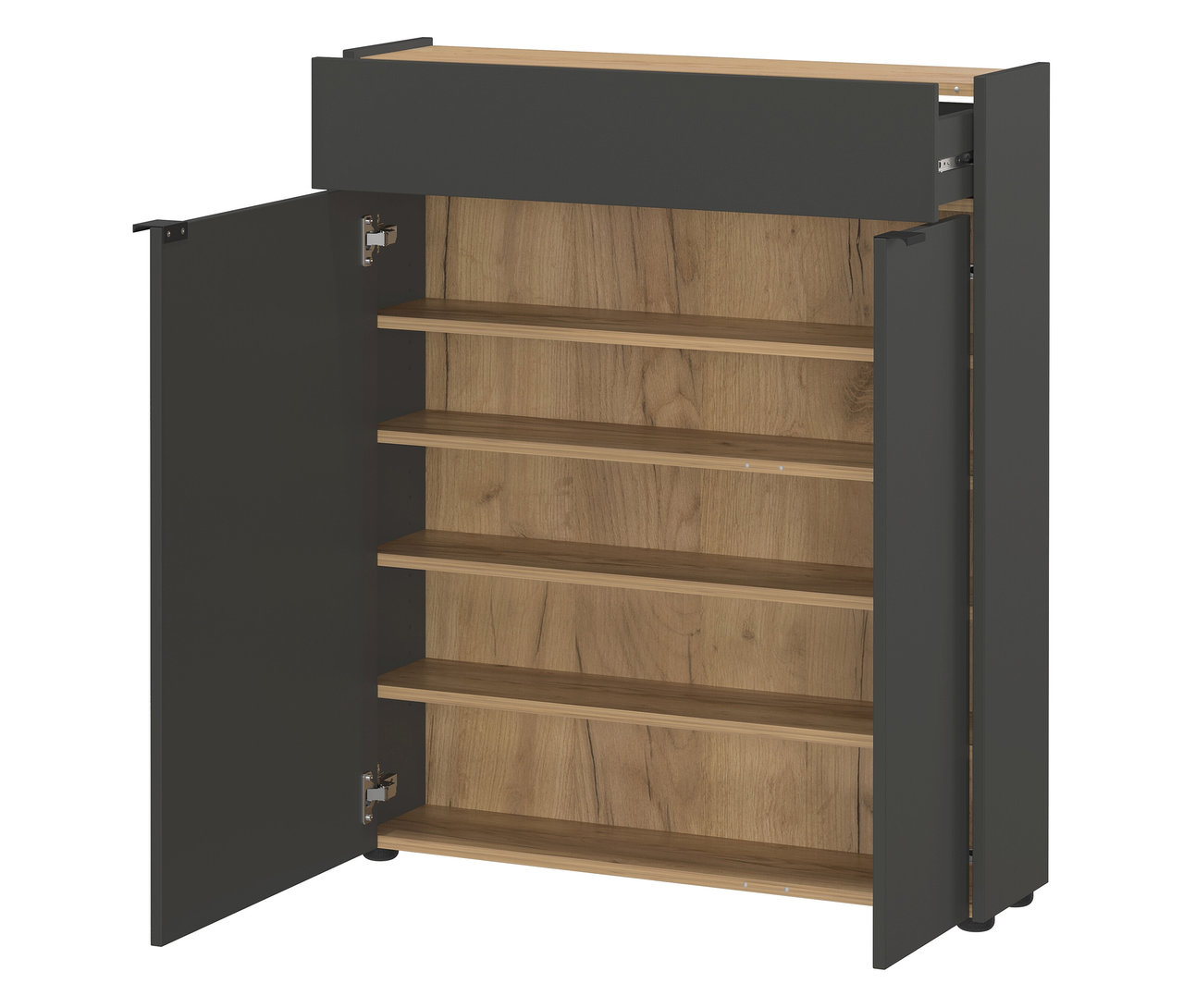 Offener Mehrzweckschrank "Ameca" in Graphit mit Holzregalen.