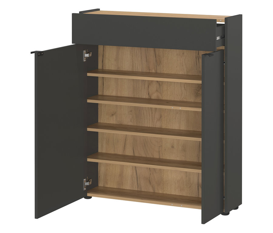 Offener Mehrzweckschrank "Ameca" in Graphit mit Holzregalen.