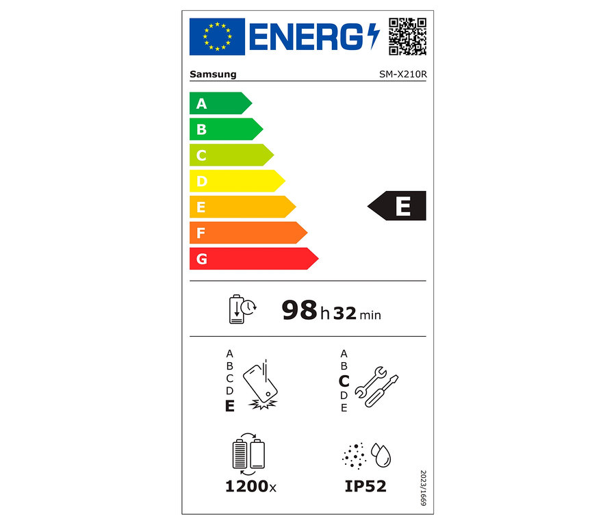 Samsung Energielabel mit E-Klasse, 98 h 32 min Verbrauch und 1200x Batteriekapazität.
