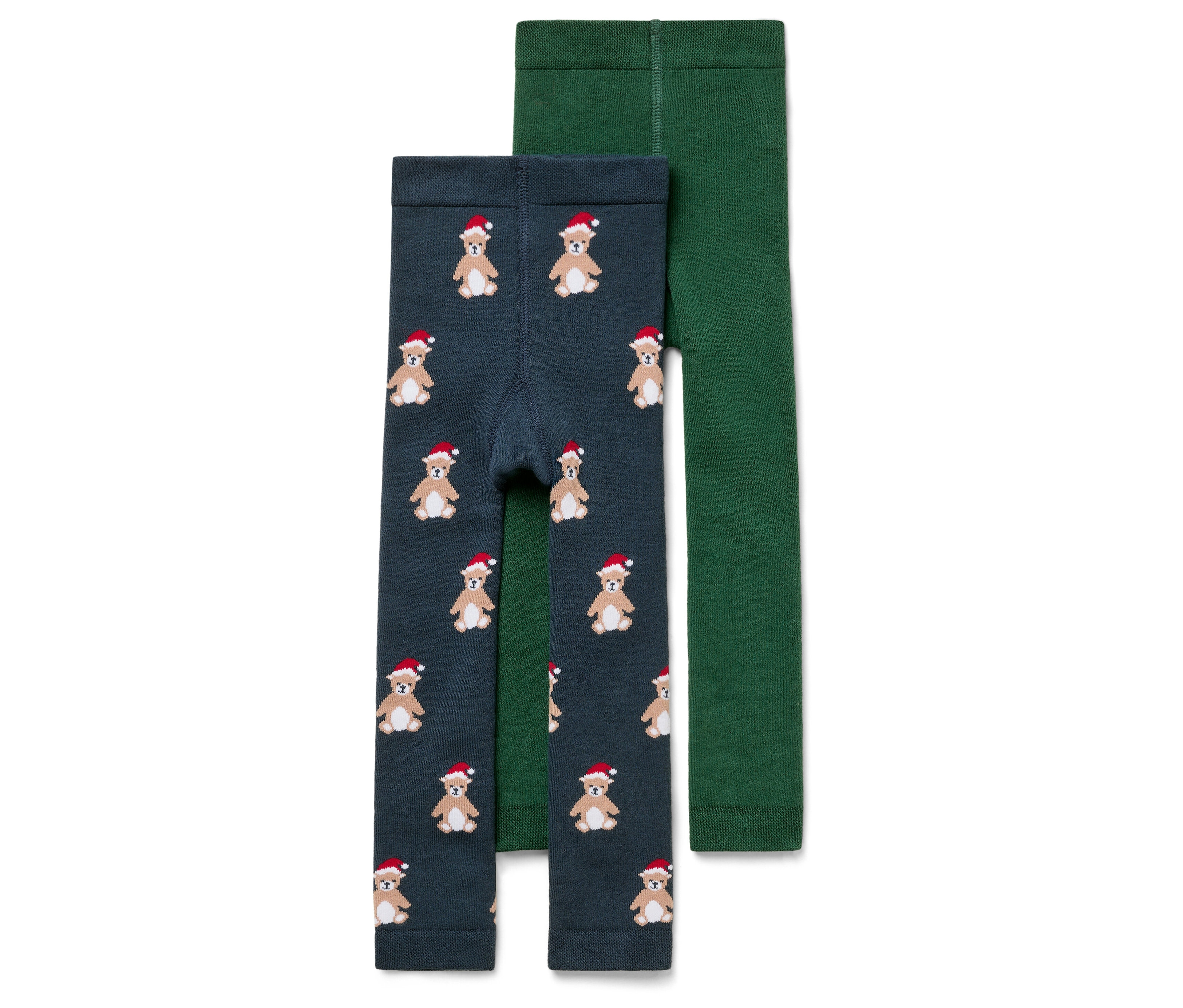 Zwei Kinder Leggings: eine dunkelblaue mit einem Aufdruck von Teddybären mit roten Mützen, die andere grün.