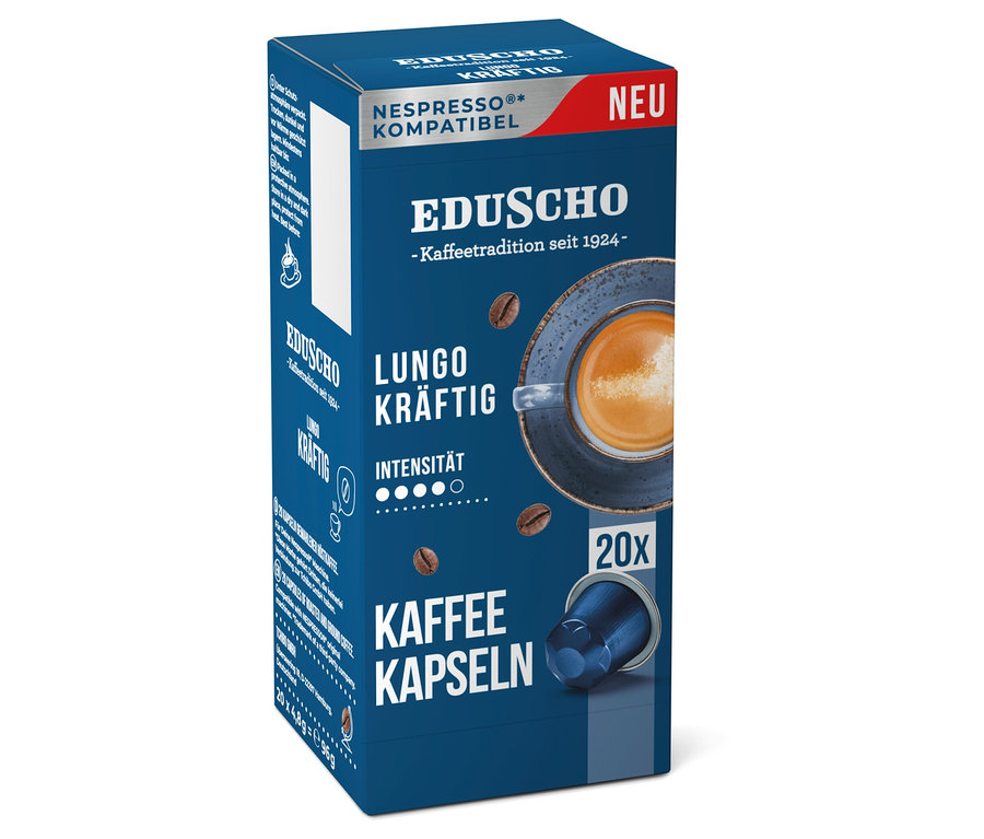 Eine Packung Eduscho Lungo Kräftig Kaffeekapseln.