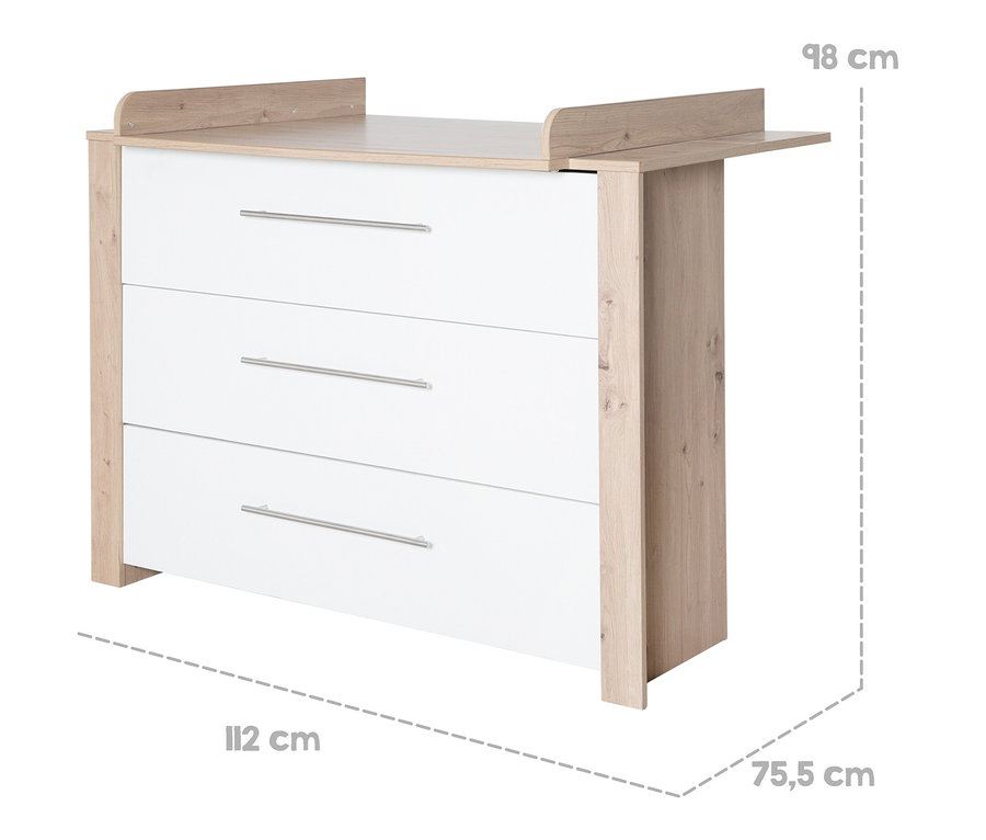 Weiße roba Wickelkommode »Malo« mit drei Schubladen und hölzerner Oberseite.