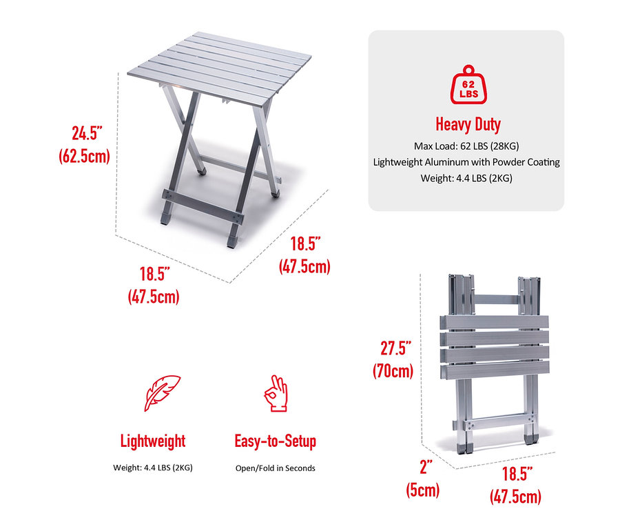 Ein aufgeklappter und ein zusammengeklappter Camping-Alu-Tisch mit Maßangaben.