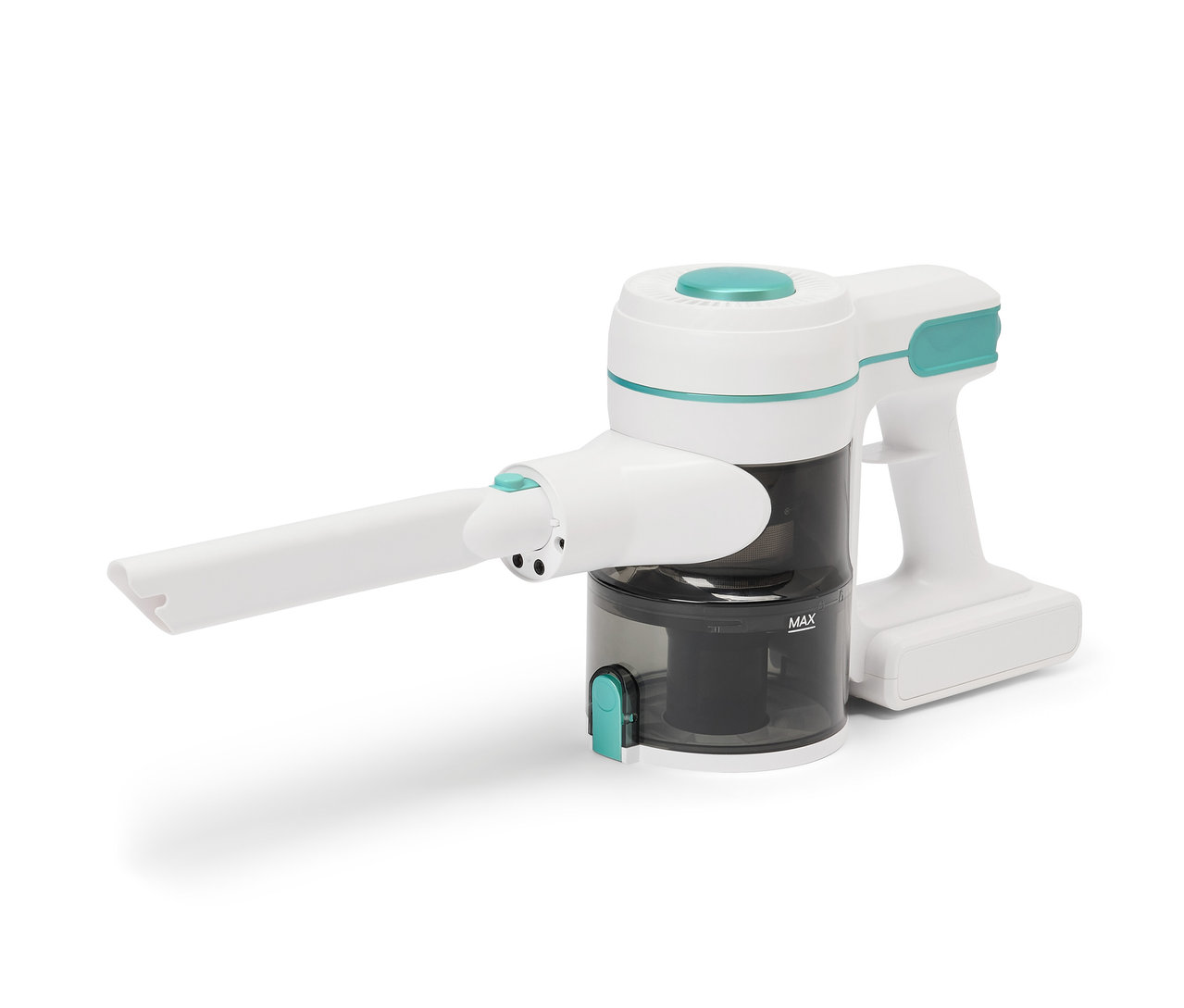 Ein weißer Profi-Akkusauger mit türkisfarbenen Akzenten.