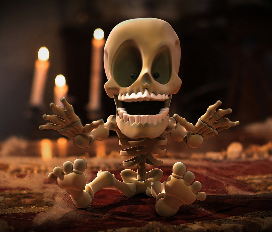Ein animiertes Modell eines sitzenden Skeletts mit ausgestreckten Armen auf einem Boden mit verstreuter Watte und Kerzen im Hintergrund, inklusive Spiel »Geisterjagd«.