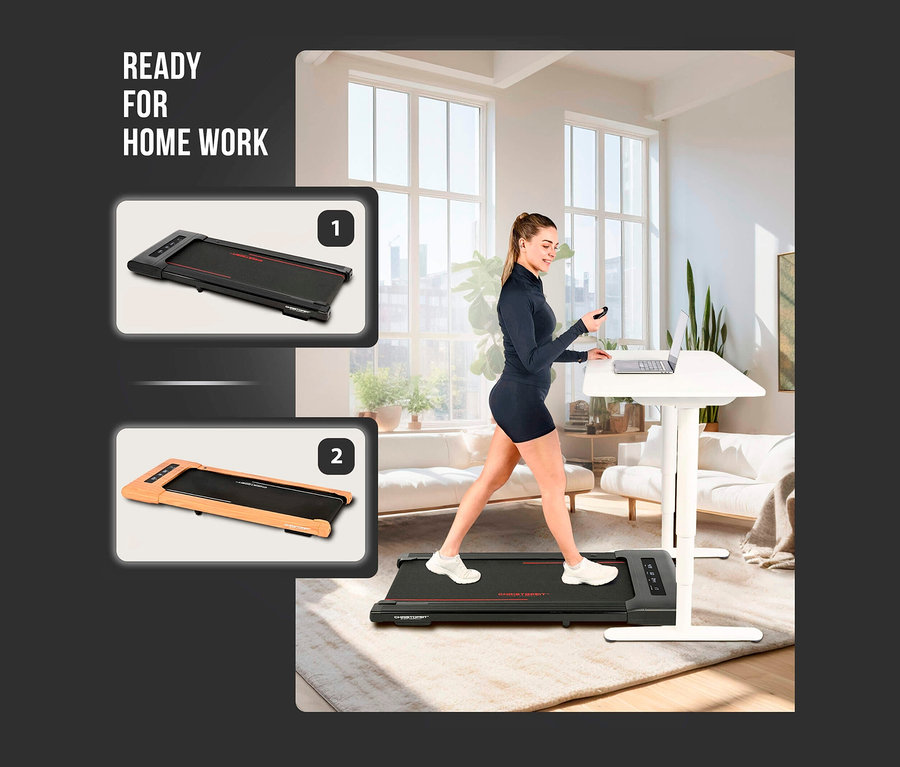 Frau benutzt Walking-Pad »4.1« mit Stehtisch und Laptop.