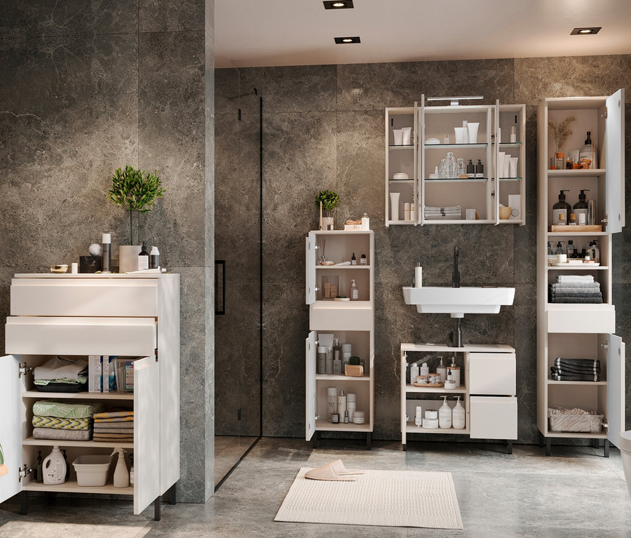Badezimmer mit »Salinas« Waschbeckenunterschrank, klein, kaschmir und anderen Badmöbeln.