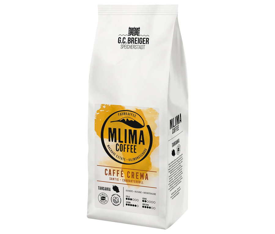 Eine Packung G. C. Breiger - MLIMA Coffee - Caffè Crema - Ganze Bohne.