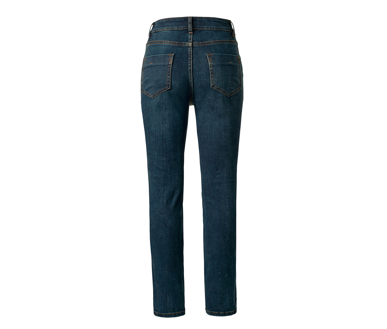 Detailansicht der Rückseite einer Slimfit-Jeans auf weißem Hintergrund.