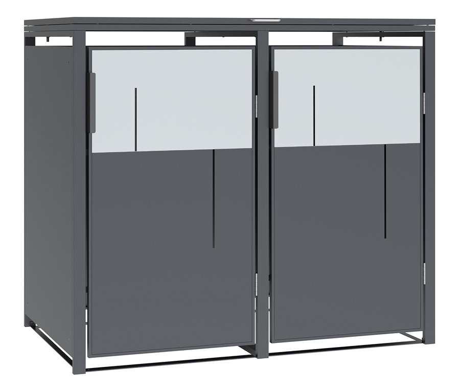 Zwei graue Mülltonnen zur Mülltrennung nebeneinander.