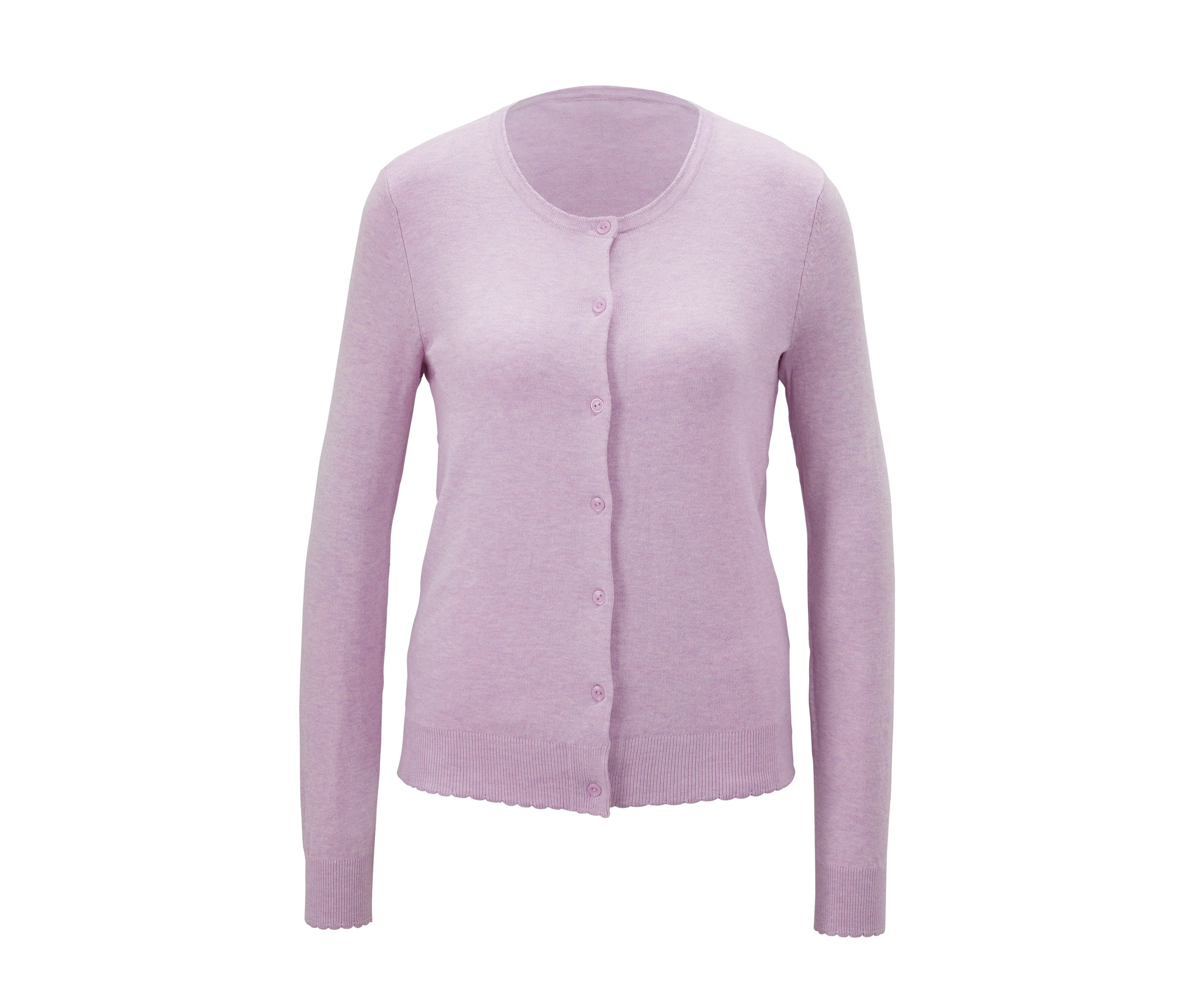 Lila Feinstrickjacke mit Knöpfen.