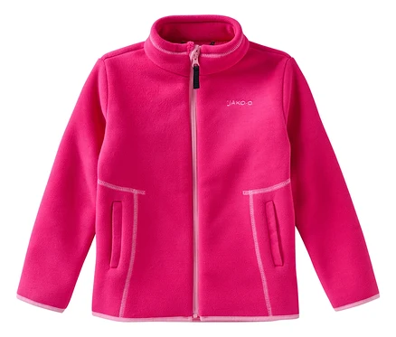 Die fuchsiafarbene JAKO-O Kuschelfleecejacke mit Stehkragen liegt flach.