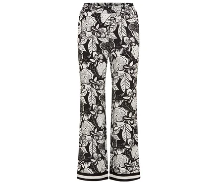 Olsen Wide Leg Hose mit schwarzem und weißem Blumenmuster und Streifen am Saum.