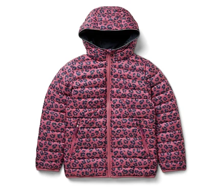 Rosa 2-in-1 Kinder-Softshell- und Steppjacke mit dunkelblauem Tiermuster.