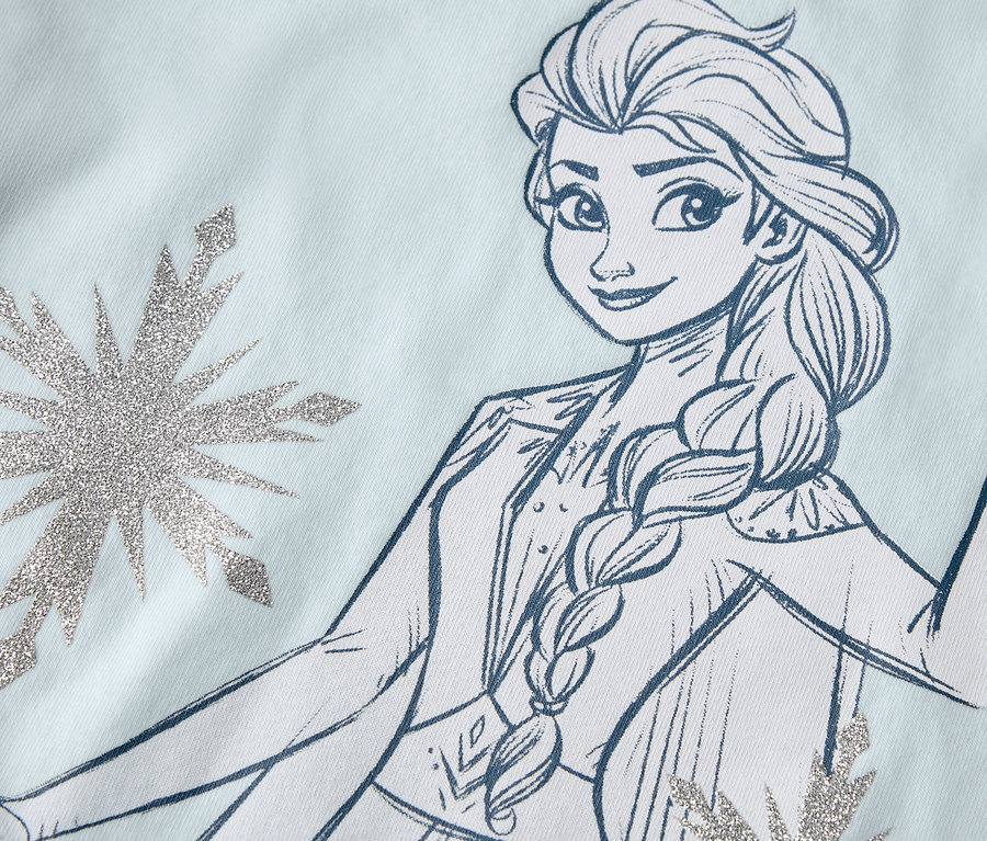 Illustration eines Kinder-T-Shirts »Eisprinzessin« mit Elsa und Schneeflocken.