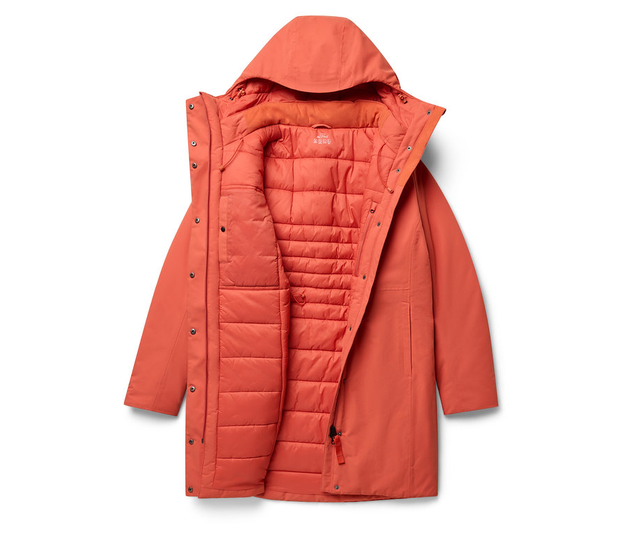 Eine orangefarbene Kapuzenjacke, offen und mit Steppfutter.