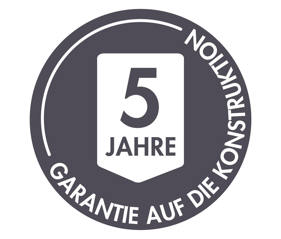 Graues Logo mit dem Text "5 Jahre Garantie auf die Konstruktion".