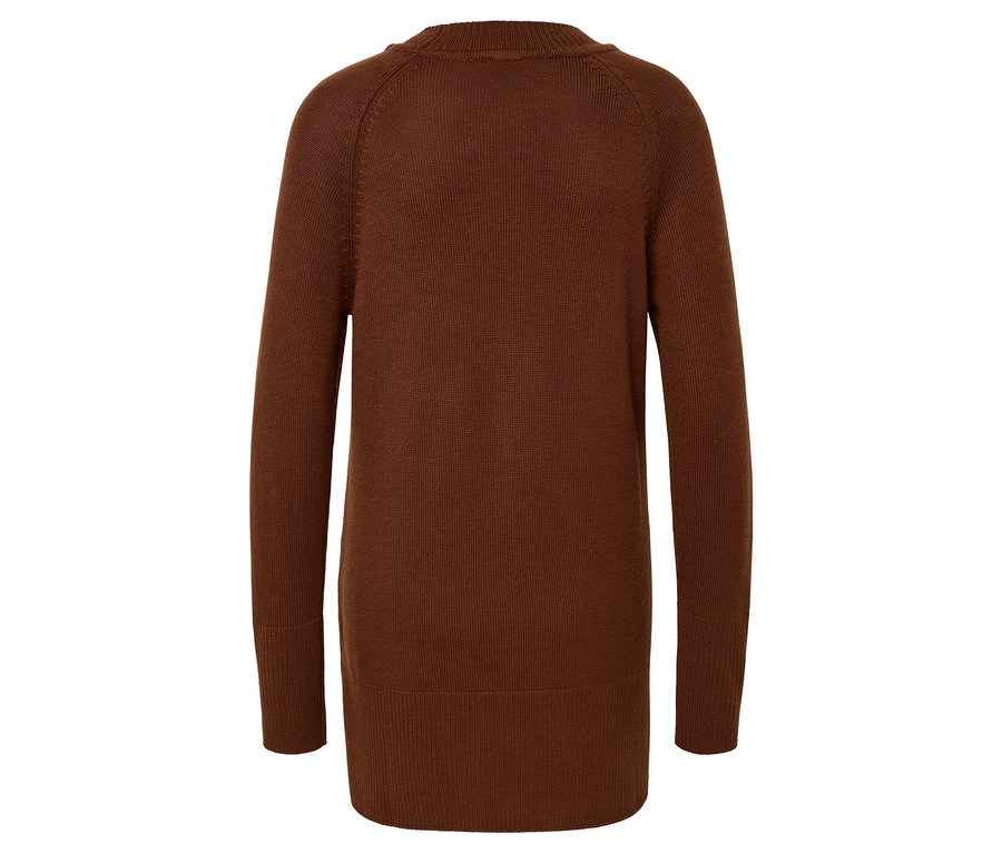 Rückansicht einer braunen Strickjacke mit langen Ärmeln.