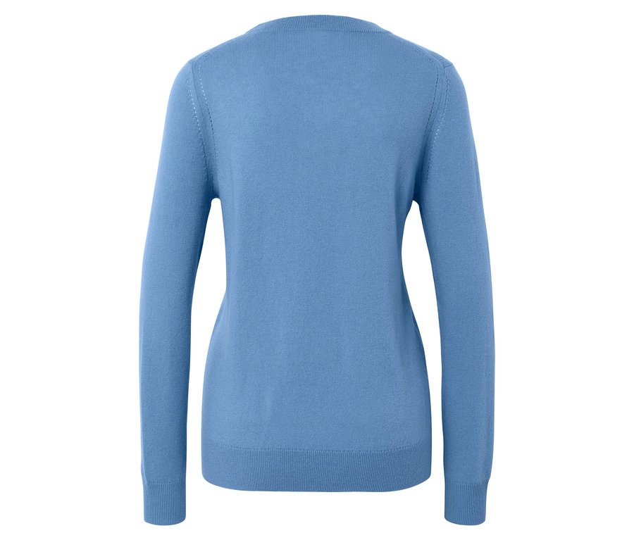 Hellblauer, langärmliger Pullover, Rückansicht.