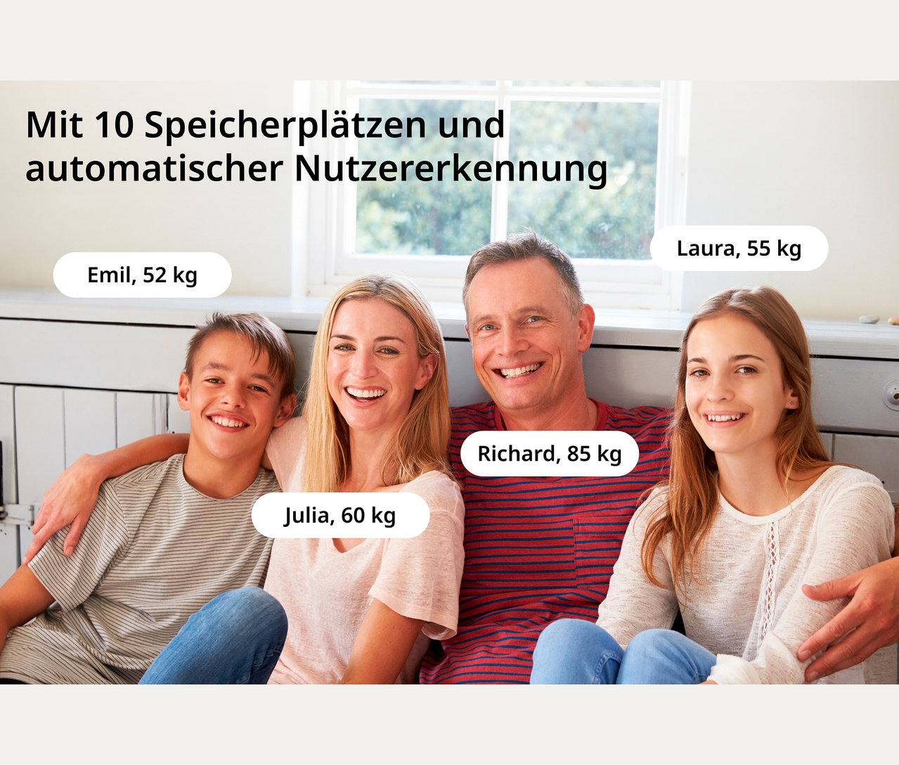 Eine lächelnde Familie sitzt nebeneinander.