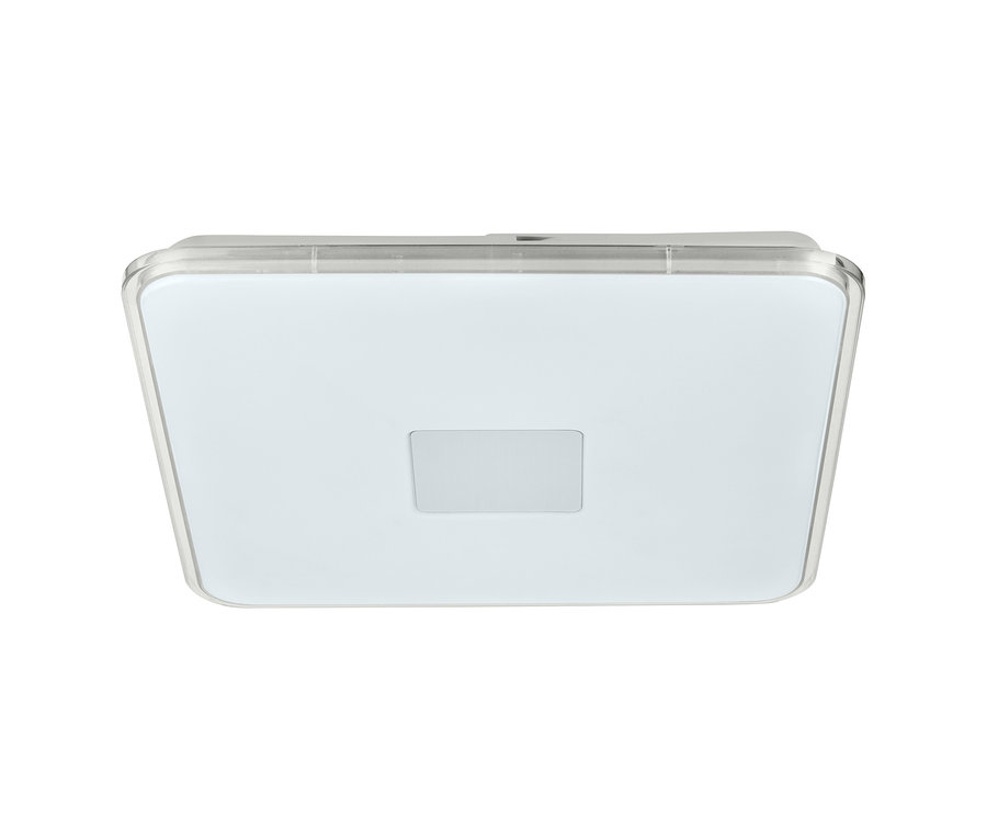 Detailaufnahme einer rechteckigen LED-Wand- und Deckenleuchte mit Bewegungsmelder.