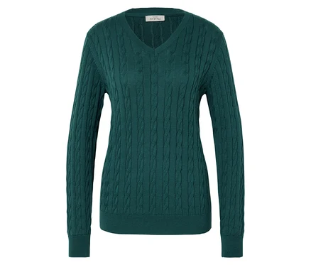Petrolfarbener Zopfstrickpullover mit V-Ausschnitt.