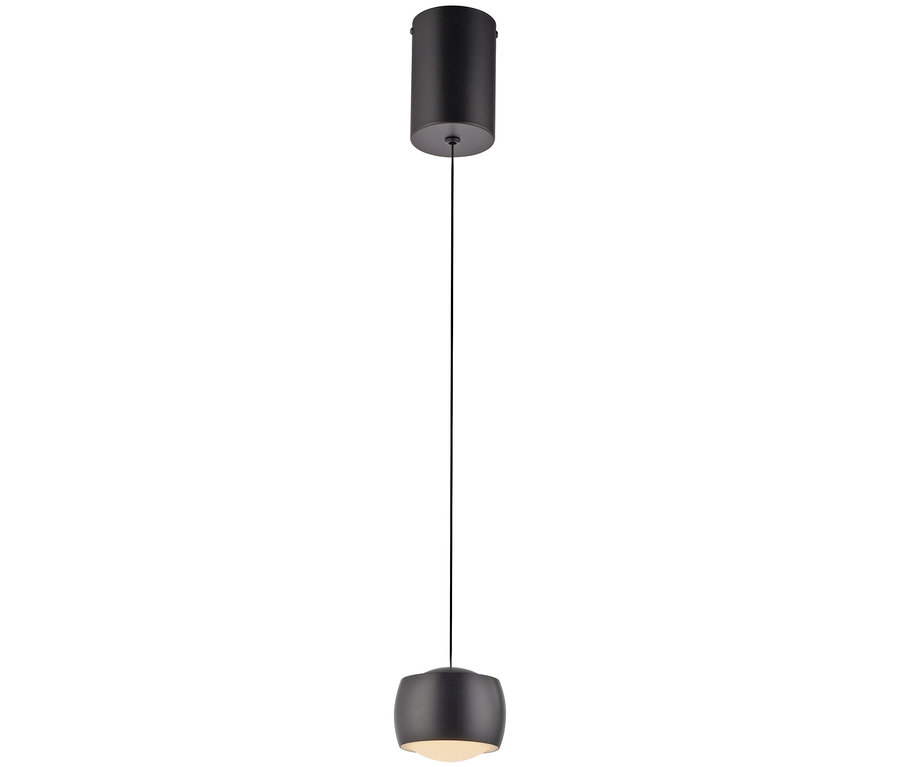 Schwarze Hängeleuchte mit rundem Lampenschirm hängt an einem Kabel.