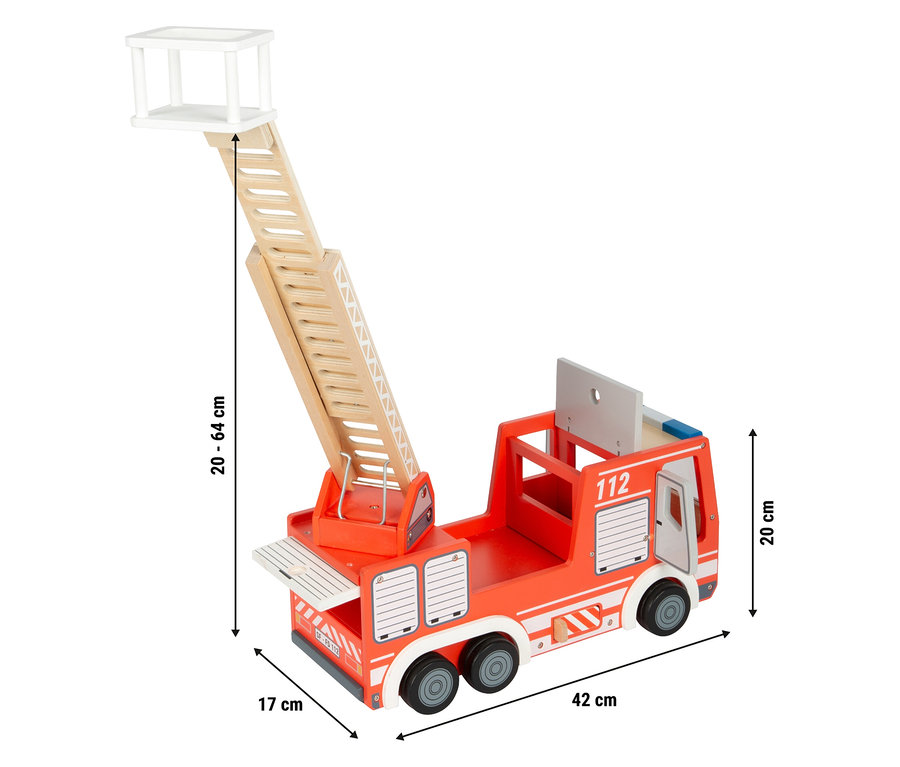 Ein hölzernes Feuerwehrauto mit ausziehbarer Leiter.