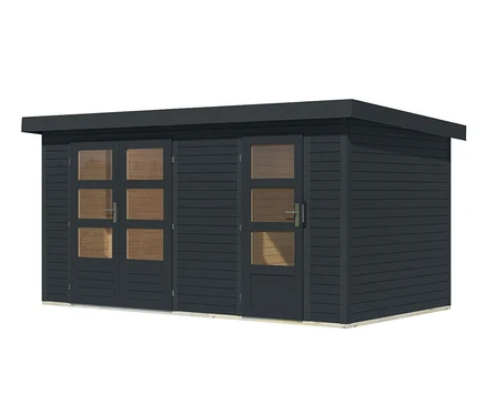 Ein dunkelgraues Karibu Gerätehaus mit zwei Räumen, Doppeltür und Einzeltür.