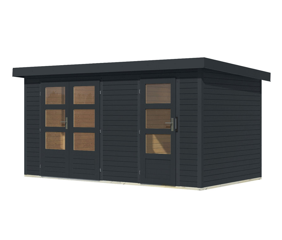 Ein dunkelgraues Karibu Gerätehaus mit zwei Räumen, Doppeltür und Einzeltür.