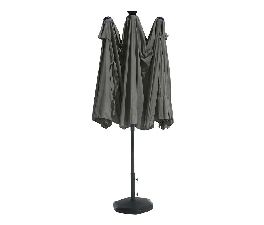 Anthrazitfarbener LECO Doppel-Sonnenschirm* mit LED-Beleuchtung, oval, ca. 270 x 460 cm.