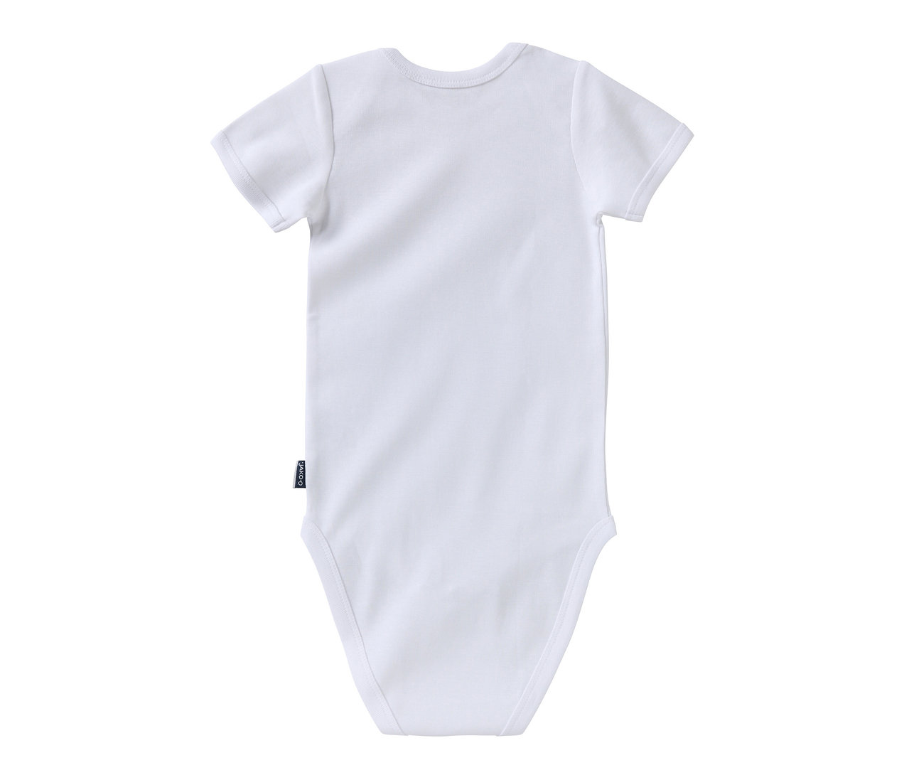 Weißer Babybody mit kurzen Ärmeln. Zu sehen ist einer von zwei Jako-O Baby-Bodys mit Mitwachsfunktion.