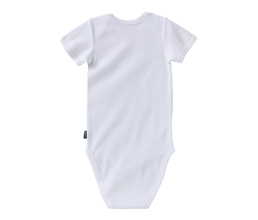 Weißer Babybody mit kurzen Ärmeln. Zu sehen ist einer von zwei Jako-O Baby-Bodys mit Mitwachsfunktion.